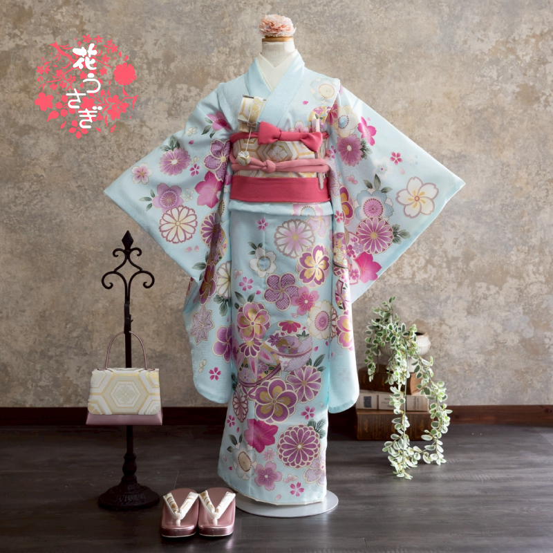  花うさぎ 7才女児着物 HP-2 ねじり梅 （水色）