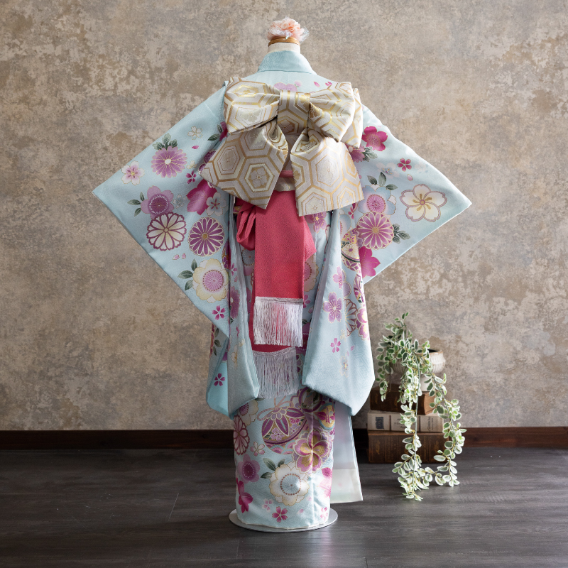  花うさぎ 7才女児着物 HP-2 ねじり梅 （水色）